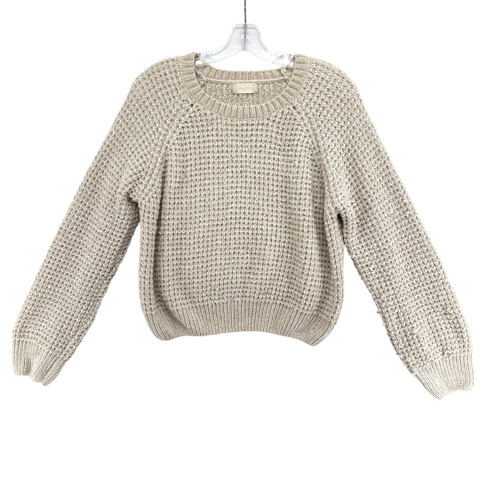 Altar'd State Chenille Sweater Womens Medium Beige Waffle Knit Cropped Pullover - Picture 1 of 7